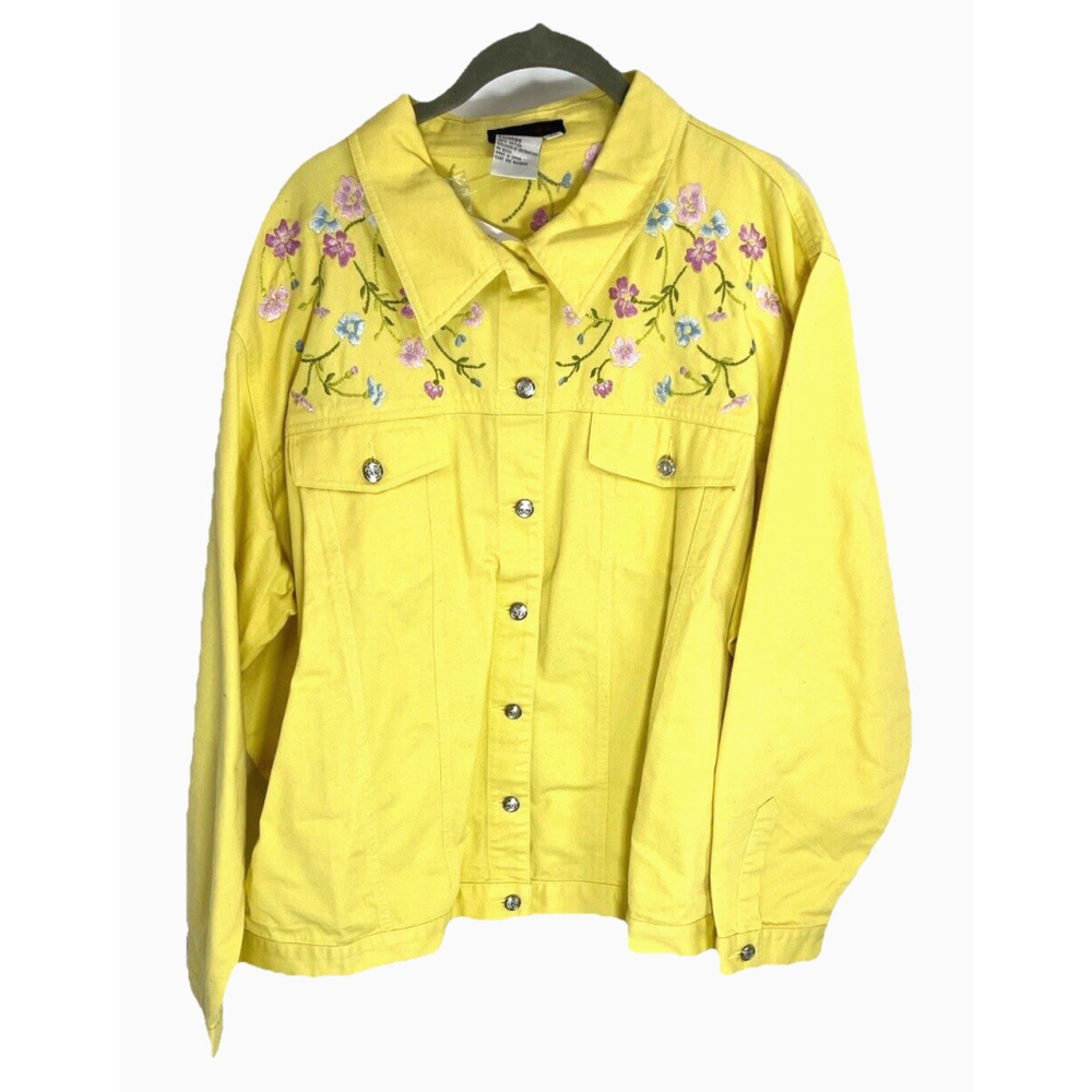 New Blaine Trump Womens Yellow Floral Embroidered Jean Jacket Size 2X Cotton QVC